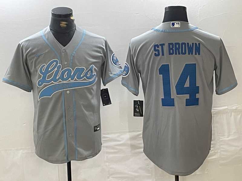 Men%27s Detroit Lions #14 Amon-Ra St. Brown Gray Cool Base Stitched Baseball Jerseys